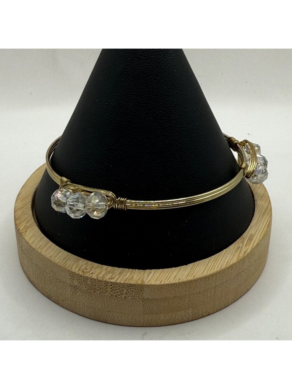 Gold Wire Wrapped Bangle Bracelet Clear Faceted Crystal Cluster Artisan Boho